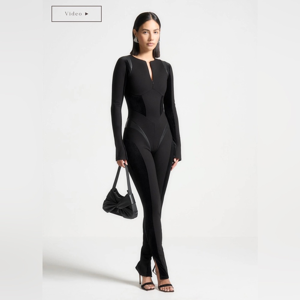 Maniere De Voir- Leather And Bandage Contour Jumpsuit - Black